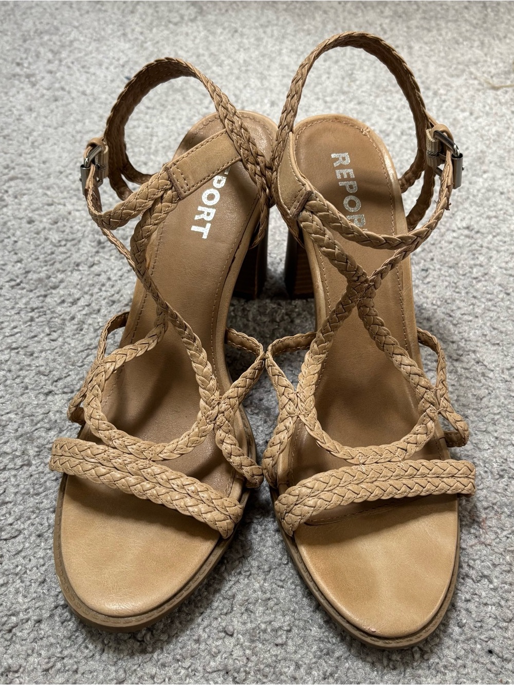 Report Tan Braided Strap Block Heels